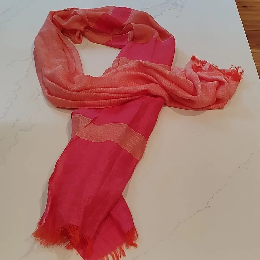 J. Jill Beachy Fringed Striped Linen Blend Wrap Scarf in Pink and Orange